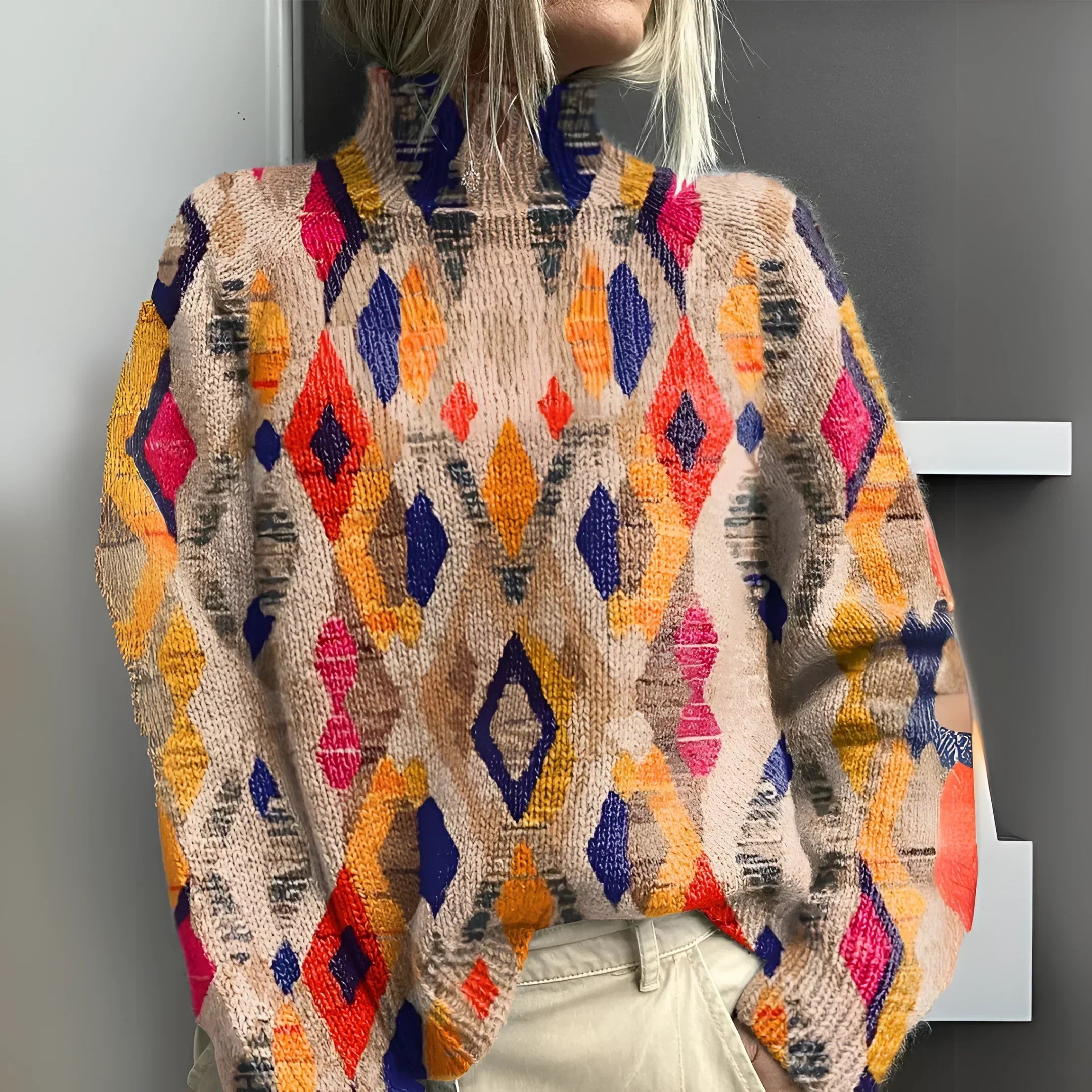 FANNY™ | Geometrisk diamantstrikket rullekravetrøje