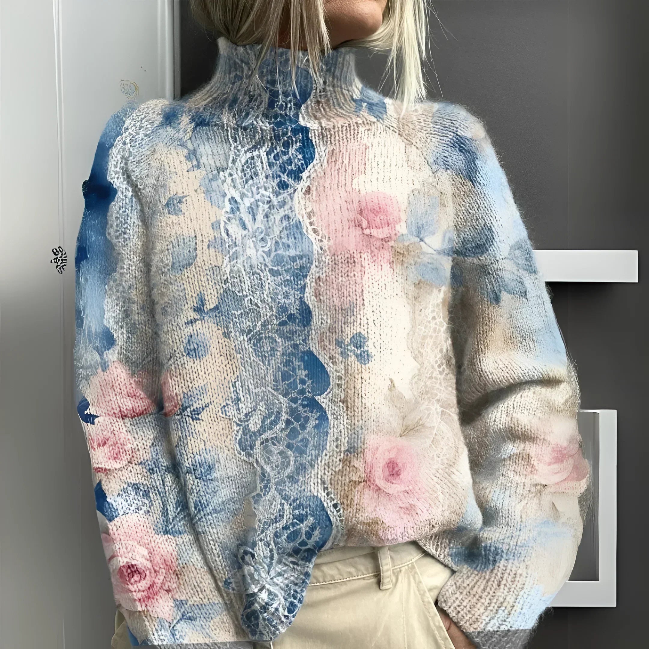 LUCIENNE™ | Strikket rullekravetrøje med blomstrede blonder.